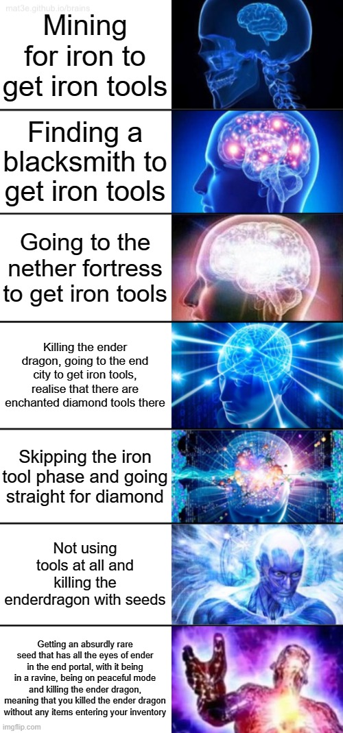 7-Tier Expanding Brain | Mining for iron to get iron tools; Finding a blacksmith to get iron tools; Going to the nether fortress to get iron tools; Killing the ender dragon, going to the end city to get iron tools, realise that there are enchanted diamond tools there; Skipping the iron tool phase and going straight for diamond; Not using tools at all and killing the enderdragon with seeds; Getting an absurdly rare seed that has all the eyes of ender in the end portal, with it being in a ravine, being on peaceful mode and killing the ender dragon, meaning that you killed the ender dragon without any items entering your inventory | image tagged in 7-tier expanding brain | made w/ Imgflip meme maker