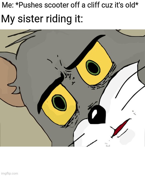 Unsettled Tom Meme | Me: *Pushes scooter off a cliff cuz it's old*; My sister riding it: | image tagged in memes,unsettled tom | made w/ Imgflip meme maker