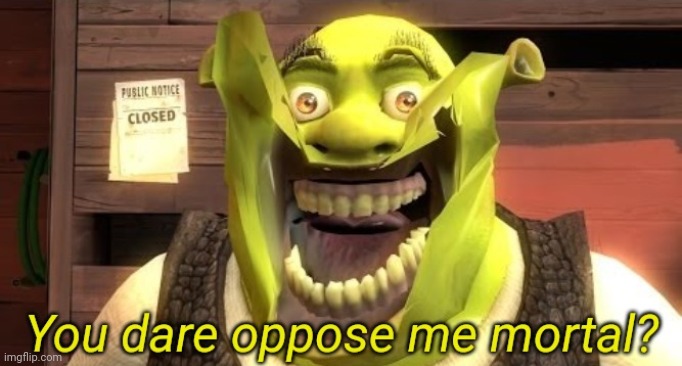 Shrek you dare oppose me mortal? | image tagged in shrek you dare oppose me mortal | made w/ Imgflip meme maker