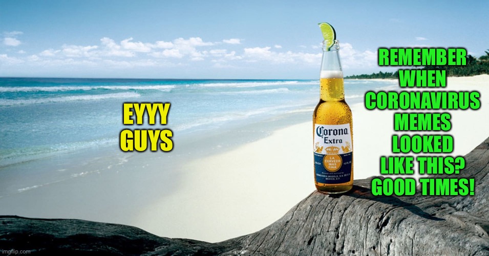 A throwback to January 2020! | REMEMBER WHEN CORONAVIRUS MEMES LOOKED LIKE THIS? GOOD TIMES! EYYY GUYS | image tagged in corona beer,politics lol,coronavirus,beach,coronavirus meme,corona | made w/ Imgflip meme maker