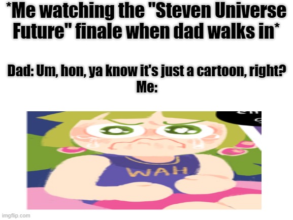Low effort meme, but this is true and I'm a flippin' 12 year old | *Me watching the "Steven Universe Future" finale when dad walks in*; Dad: Um, hon, ya know it's just a cartoon, right?
Me: | image tagged in blank white template,cucumber,steven universe | made w/ Imgflip meme maker