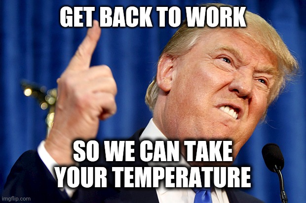Bend over... | GET BACK TO WORK; SO WE CAN TAKE
YOUR TEMPERATURE | image tagged in donald trump,temperature,stinky finger | made w/ Imgflip meme maker