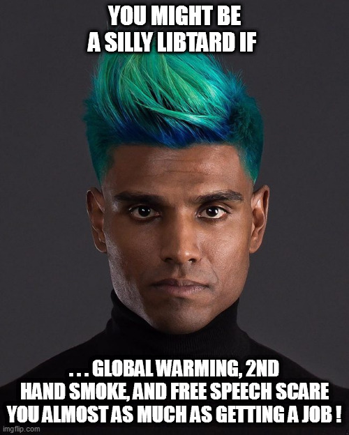 You might be a silly libtard if...#1 | YOU MIGHT BE A SILLY LIBTARD IF; . . . GLOBAL WARMING, 2ND HAND SMOKE, AND FREE SPEECH SCARE YOU ALMOST AS MUCH AS GETTING A JOB ! | image tagged in libtardation,leftist psychosis | made w/ Imgflip meme maker