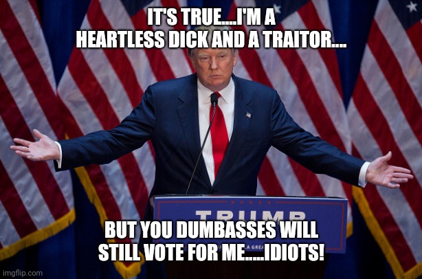 Donald Trump | IT'S TRUE....I'M A HEARTLESS DICK AND A TRAITOR.... BUT YOU DUMBASSES WILL STILL VOTE FOR ME.....IDIOTS! | image tagged in donald trump | made w/ Imgflip meme maker