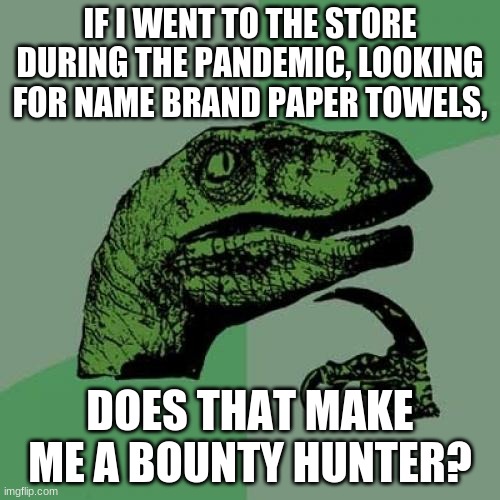 Mandalorian | IF I WENT TO THE STORE DURING THE PANDEMIC, LOOKING FOR NAME BRAND PAPER TOWELS, DOES THAT MAKE ME A BOUNTY HUNTER? | image tagged in memes,philosoraptor | made w/ Imgflip meme maker