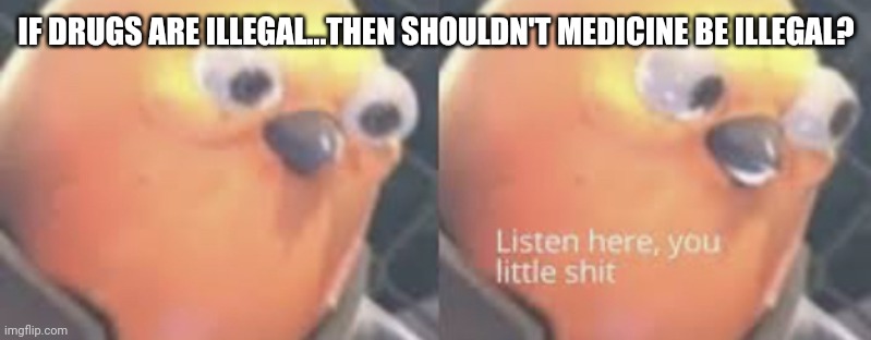 Listen here you little shit bird | IF DRUGS ARE ILLEGAL...THEN SHOULDN'T MEDICINE BE ILLEGAL? | image tagged in listen here you little shit bird | made w/ Imgflip meme maker