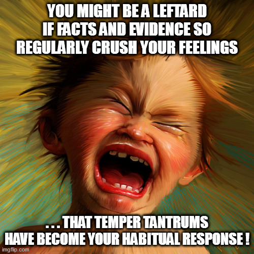 You might be a leftard if...#2 | YOU MIGHT BE A LEFTARD IF FACTS AND EVIDENCE SO REGULARLY CRUSH YOUR FEELINGS; . . . THAT TEMPER TANTRUMS HAVE BECOME YOUR HABITUAL RESPONSE ! | image tagged in leftist,temper tamtrum | made w/ Imgflip meme maker