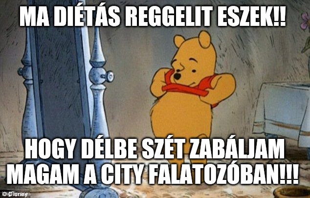 Winnie the Pooh | MA DIÉTÁS REGGELIT ESZEK!! HOGY DÉLBE SZÉT ZABÁLJAM MAGAM A CITY FALATOZÓBAN!!! | image tagged in winnie the pooh | made w/ Imgflip meme maker