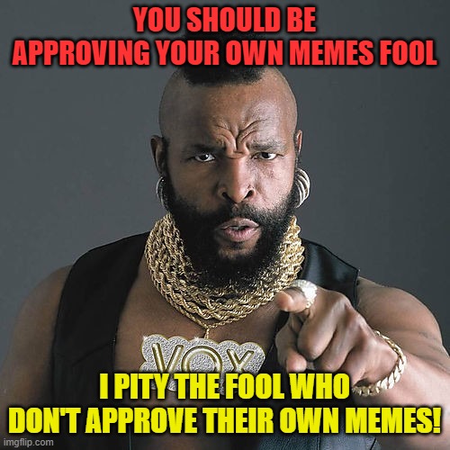 Mr T Pity The Fool Meme | YOU SHOULD BE APPROVING YOUR OWN MEMES FOOL I PITY THE FOOL WHO DON'T APPROVE THEIR OWN MEMES! | image tagged in memes,mr t pity the fool | made w/ Imgflip meme maker