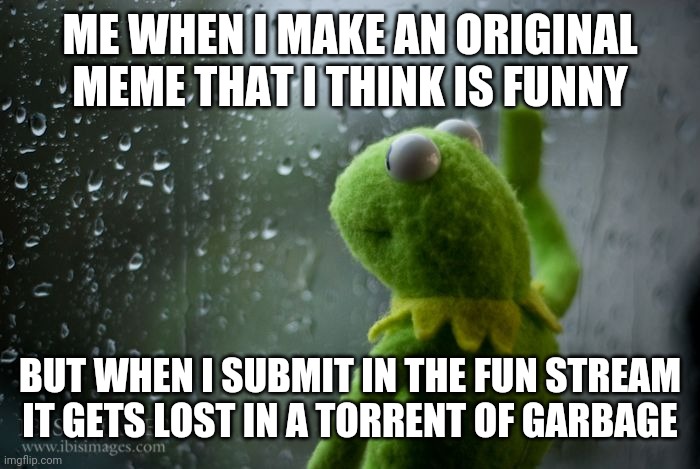 Pity | ME WHEN I MAKE AN ORIGINAL MEME THAT I THINK IS FUNNY; BUT WHEN I SUBMIT IN THE FUN STREAM IT GETS LOST IN A TORRENT OF GARBAGE | image tagged in kermit window,memes,fun,streams,imgflip | made w/ Imgflip meme maker