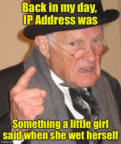 I pee a dress.  192.168.1.100 | Back in my day, 
IP Address was; Something a little girl said when she wet herself | image tagged in memes,back in my day,network,technology,bad pun | made w/ Imgflip meme maker