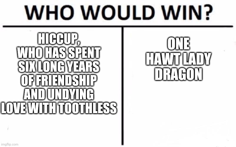 Who Would Win? Meme | HICCUP, WHO HAS SPENT SIX LONG YEARS OF FRIENDSHIP AND UNDYING LOVE WITH TOOTHLESS; ONE HAWT LADY DRAGON | image tagged in memes,who would win | made w/ Imgflip meme maker