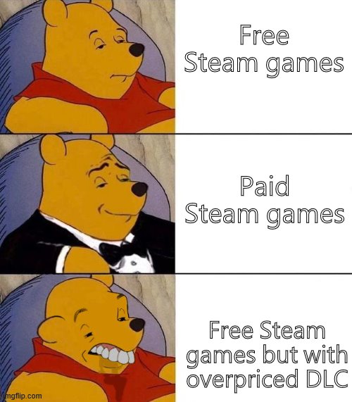 Best,Better, Blurst | Free Steam games; Paid Steam games; Free Steam games but with overpriced DLC | image tagged in best better blurst | made w/ Imgflip meme maker