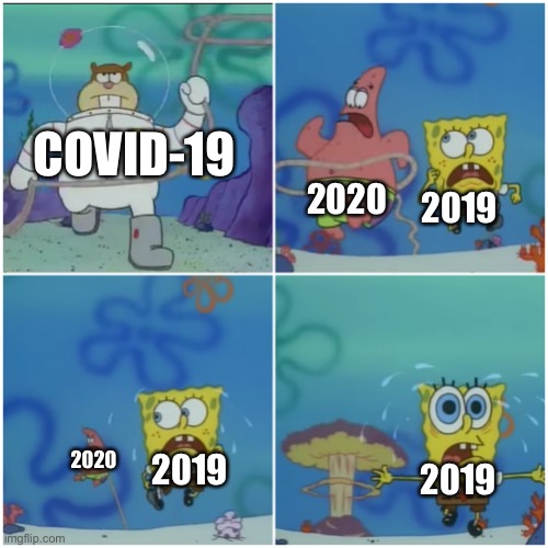 Covid-19 | 2020; COVID-19; 2019; 2020; 2019; 2019 | image tagged in sandy chasing spongebob,covid-19 | made w/ Imgflip meme maker