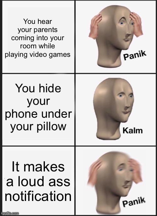 Midnight Panik | You hear your parents coming into your room while playing video games; You hide your phone under your pillow; It makes a loud ass notification | image tagged in memes,panik kalm panik | made w/ Imgflip meme maker