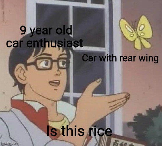 Every 9 year old car enthusiast i talk to | 9 year old car enthusiast; Car with rear wing; Is this rice | image tagged in memes,is this a pigeon | made w/ Imgflip meme maker