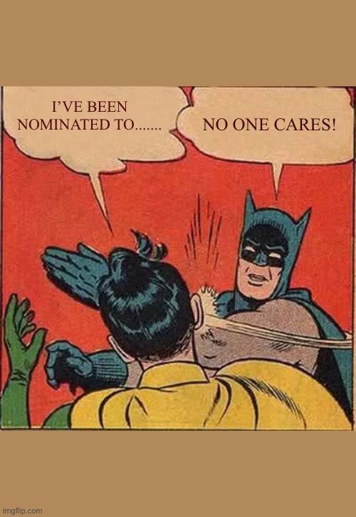 I’ve been nominated....... | I’VE BEEN NOMINATED TO....... NO ONE CARES! | image tagged in memes,batman slapping robin | made w/ Imgflip meme maker