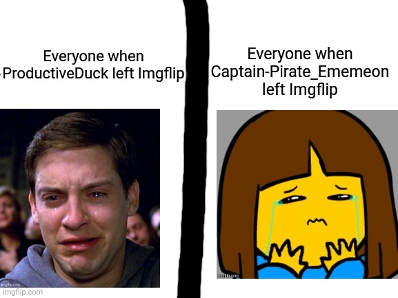 *Sad Imgflip Noises* | Everyone when Captain-Pirate_Ememeon left Imgflip; Everyone when ProductiveDuck left Imgflip | image tagged in blank white template,ememeon,productiveduck,imgflip | made w/ Imgflip meme maker