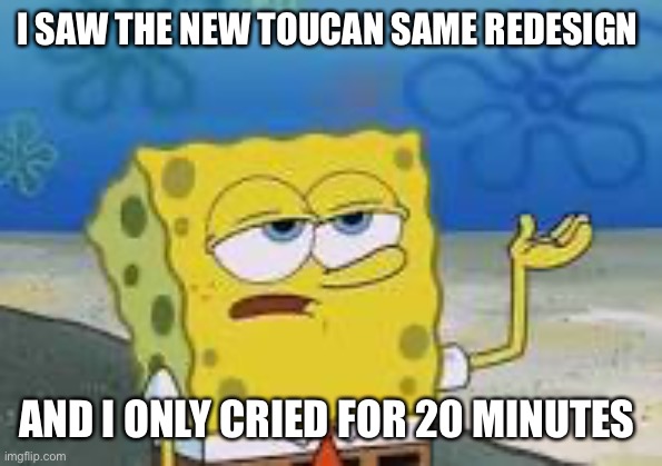 I only cried for 20 minutes toucan Sam/sponge bob | I SAW THE NEW TOUCAN SAME REDESIGN; AND I ONLY CRIED FOR 20 MINUTES | image tagged in spongebob,cereal | made w/ Imgflip meme maker