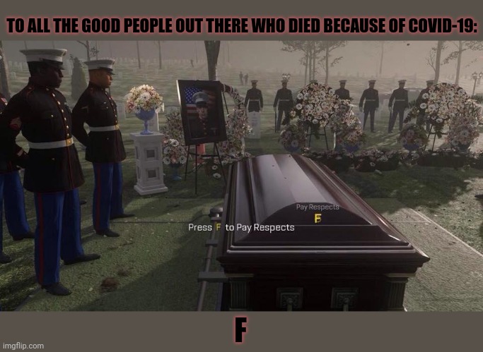 Press F to Pay Respects | TO ALL THE GOOD PEOPLE OUT THERE WHO DIED BECAUSE OF COVID-19:; F | image tagged in memes,press f to pay respects,sad | made w/ Imgflip meme maker