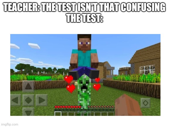 Creeper carries steve | TEACHER: THE TEST ISN'T THAT CONFUSING
THE TEST: | image tagged in creeper | made w/ Imgflip meme maker