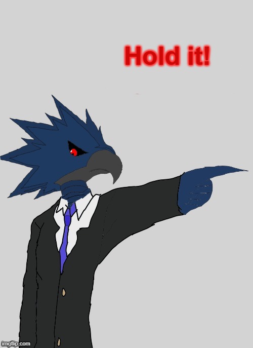 Hold it! | image tagged in corviknight objection | made w/ Imgflip meme maker