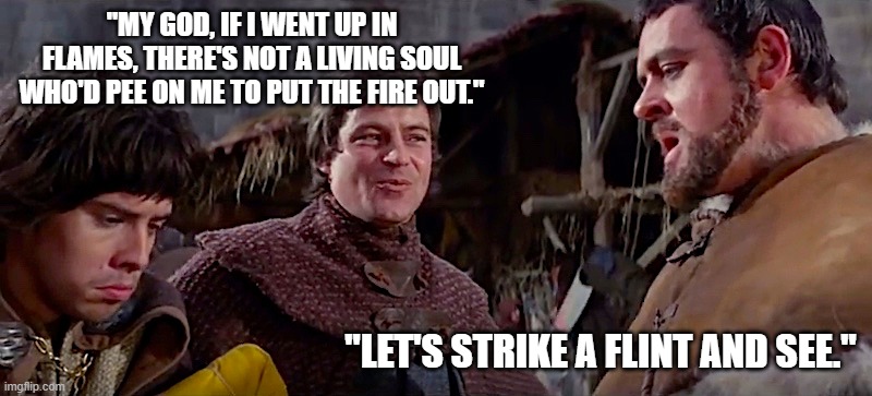 Strike a Fling | "MY GOD, IF I WENT UP IN FLAMES, THERE'S NOT A LIVING SOUL WHO'D PEE ON ME TO PUT THE FIRE OUT."; "LET'S STRIKE A FLINT AND SEE." | image tagged in brothers,family,sarcasm | made w/ Imgflip meme maker
