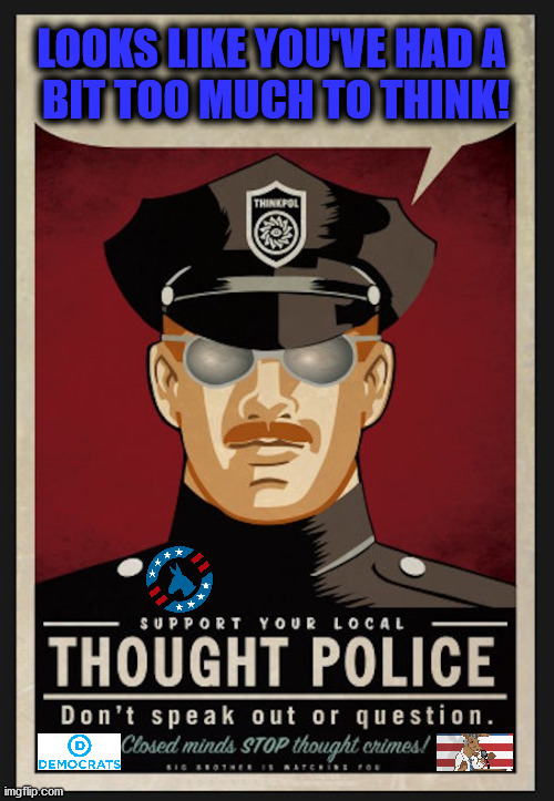 Democrats do not like it when you think for yourself. You are not welcome in their party in you question them. | LOOKS LIKE YOU'VE HAD A 
BIT TOO MUCH TO THINK! | image tagged in thoughts,police state,democrats | made w/ Imgflip meme maker