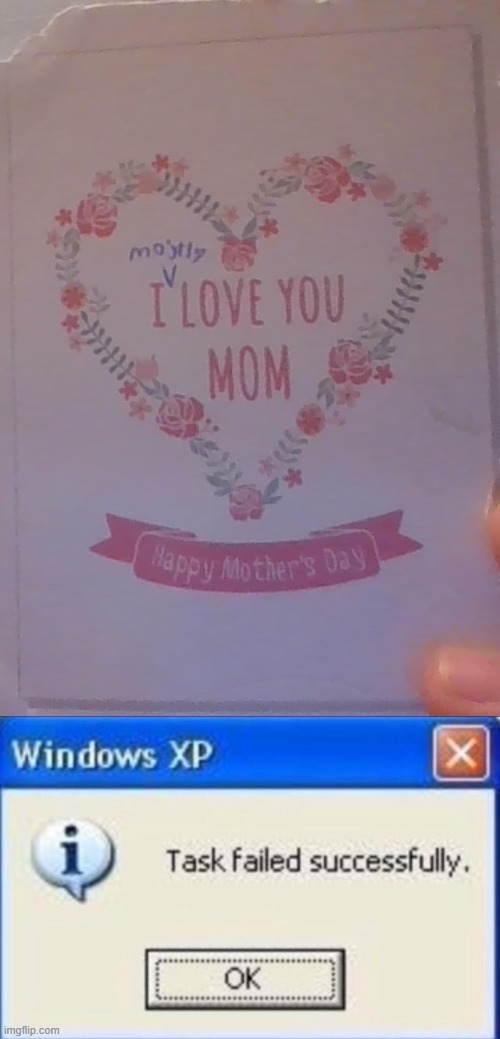 I (mostly) love you mom! | image tagged in task failed successfully,memes,mothers day,card,funny,mom | made w/ Imgflip meme maker
