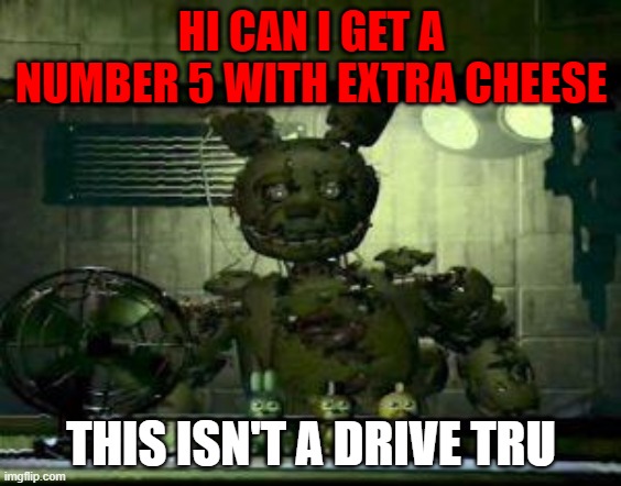 no this isn't a drive tru | HI CAN I GET A NUMBER 5 WITH EXTRA CHEESE; THIS ISN'T A DRIVE TRU | image tagged in fnaf springtrap in window | made w/ Imgflip meme maker