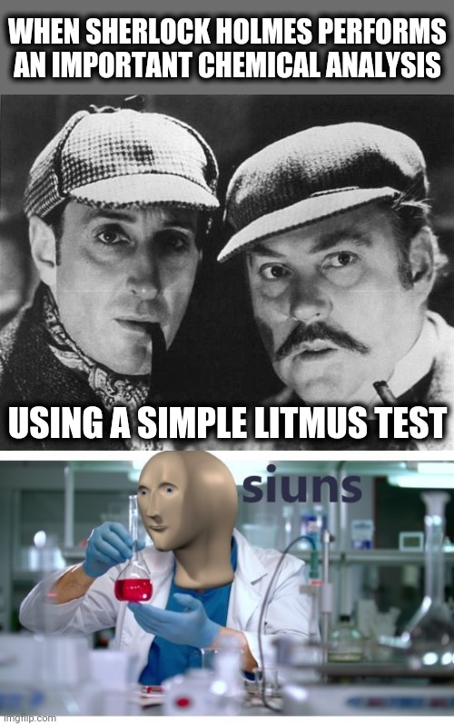 WHEN SHERLOCK HOLMES PERFORMS AN IMPORTANT CHEMICAL ANALYSIS; USING A SIMPLE LITMUS TEST | image tagged in sherlock holmes,meme man science,memes,litmus test | made w/ Imgflip meme maker