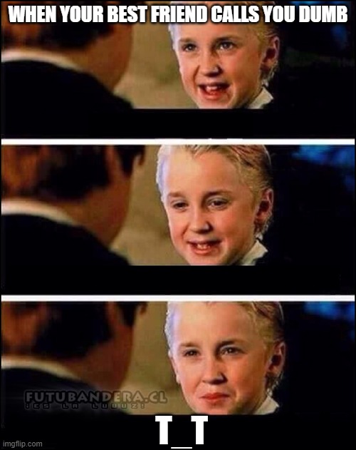 Draco Malfoy | WHEN YOUR BEST FRIEND CALLS YOU DUMB; T_T | image tagged in draco malfoy | made w/ Imgflip meme maker
