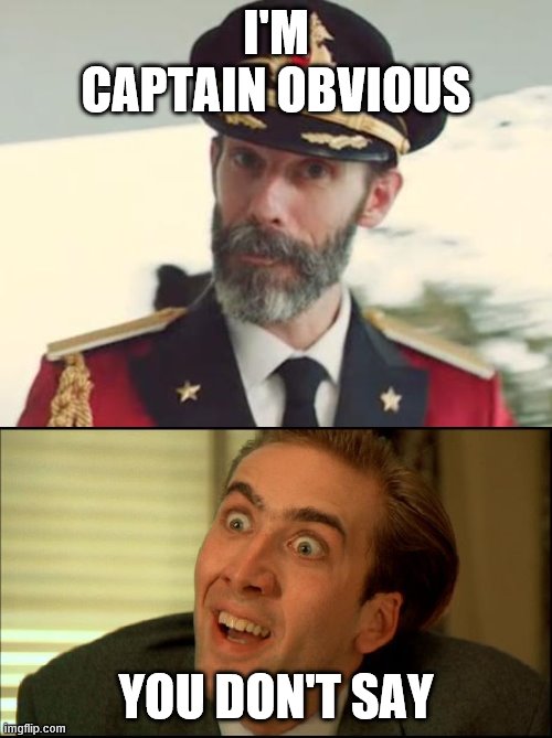 I'M CAPTAIN OBVIOUS; YOU DON'T SAY | image tagged in captain obvious,you don't say - nicholas cage | made w/ Imgflip meme maker
