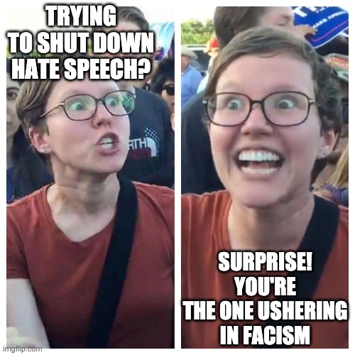 Too stupid to see the hypocrisy |  TRYING TO SHUT DOWN HATE SPEECH? SURPRISE! YOU'RE THE ONE USHERING IN FACISM | image tagged in social justice warrior hypocrisy | made w/ Imgflip meme maker