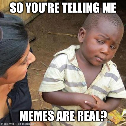 Yes, yes they are | SO YOU'RE TELLING ME; MEMES ARE REAL? | image tagged in memes,third world skeptical kid | made w/ Imgflip meme maker