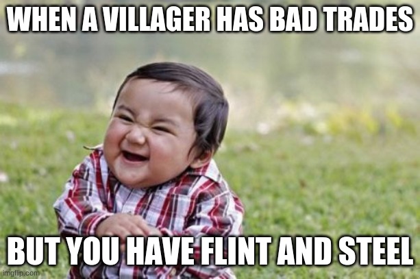 Village pillage | WHEN A VILLAGER HAS BAD TRADES; BUT YOU HAVE FLINT AND STEEL | image tagged in memes,evil toddler | made w/ Imgflip meme maker