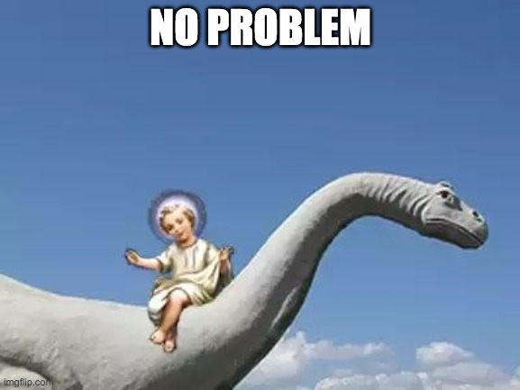 Baby Jesus On A Bronto! | NO PROBLEM | image tagged in baby jesus on a bronto | made w/ Imgflip meme maker