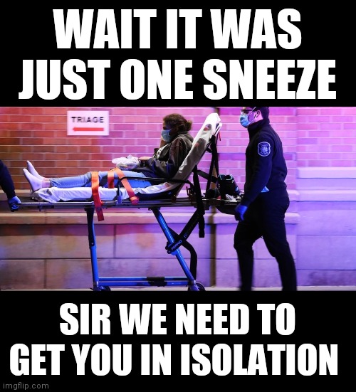 Pandemic Pandemonium | WAIT IT WAS JUST ONE SNEEZE; SIR WE NEED TO GET YOU IN ISOLATION | image tagged in coronavirus,quarantine,vaccines,death,gloom and doom | made w/ Imgflip meme maker