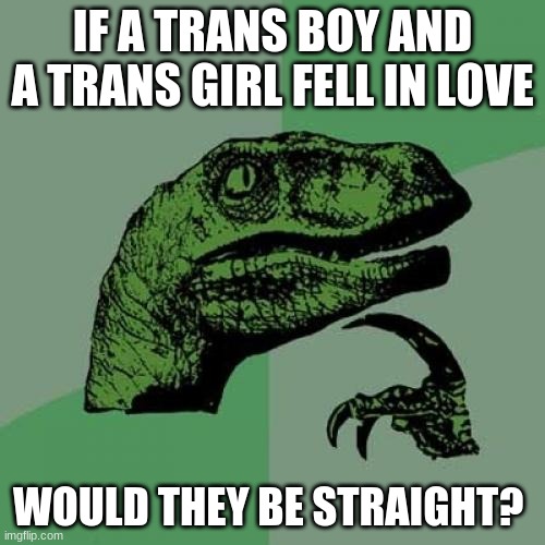 Philosoraptor | IF A TRANS BOY AND A TRANS GIRL FELL IN LOVE; WOULD THEY BE STRAIGHT? | image tagged in memes,philosoraptor | made w/ Imgflip meme maker