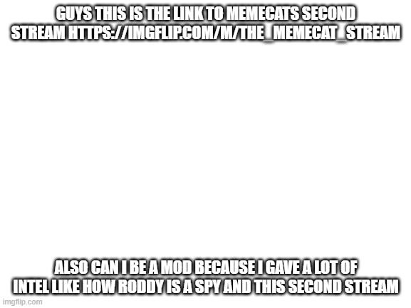 Blank White Template | GUYS THIS IS THE LINK TO MEMECATS SECOND STREAM HTTPS://IMGFLIP.COM/M/THE_MEMECAT_STREAM; ALSO CAN I BE A MOD BECAUSE I GAVE A LOT OF INTEL LIKE HOW RODDY IS A SPY AND THIS SECOND STREAM | image tagged in blank white template | made w/ Imgflip meme maker