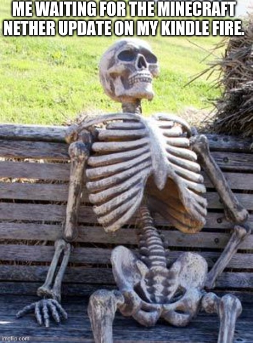 Waiting Skeleton Meme | ME WAITING FOR THE MINECRAFT NETHER UPDATE ON MY KINDLE FIRE. | image tagged in memes,waiting skeleton | made w/ Imgflip meme maker