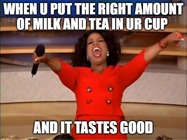 Oprah You Get A Meme | WHEN U PUT THE RIGHT AMOUNT OF MILK AND TEA IN UR CUP; AND IT TASTES GOOD | image tagged in memes,oprah you get a | made w/ Imgflip meme maker