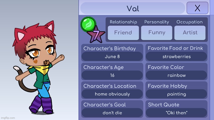 This is the final OC! His name is Val and he's a cat/person | image tagged in gacha | made w/ Imgflip meme maker