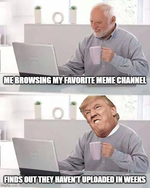 Hide the Pain Harold Meme |  ME BROWSING MY FAVORITE MEME CHANNEL; FINDS OUT THEY HAVEN'T UPLOADED IN WEEKS | image tagged in memes,hide the pain harold | made w/ Imgflip meme maker