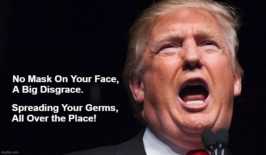 No Mask On Your Face,
A Big Disgrace. Spreading Your Germs,
All Over the Place! | image tagged in donald trump,Trumpvirus | made w/ Imgflip meme maker