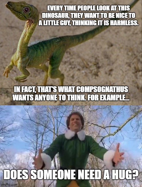 Buddy the Elf Meets Compsognathus | EVERY TIME PEOPLE LOOK AT THIS DINOSAUR, THEY WANT TO BE NICE TO A LITTLE GUY, THINKING IT IS HARMLESS. IN FACT, THAT'S WHAT COMPSOGNATHUS WANTS ANYONE TO THINK. FOR EXAMPLE... DOES SOMEONE NEED A HUG? | image tagged in buddy the elf,hug,jurassic park,jurassic world | made w/ Imgflip meme maker
