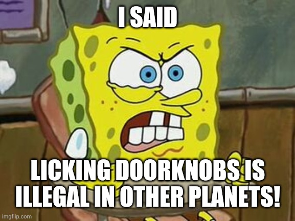 Pissed off spongebob | I SAID LICKING DOORKNOBS IS ILLEGAL IN OTHER PLANETS! | image tagged in pissed off spongebob | made w/ Imgflip meme maker