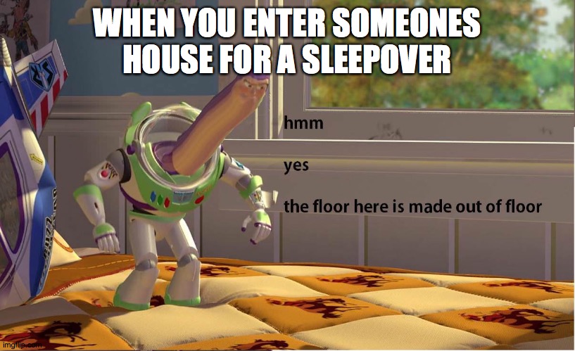 Buzz Lightyear Hmm yes | WHEN YOU ENTER SOMEONES HOUSE FOR A SLEEPOVER | image tagged in buzz lightyear hmm yes | made w/ Imgflip meme maker