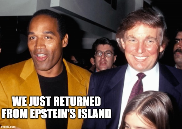 Donald Trump  O.J. Simpson | WE JUST RETURNED FROM EPSTEIN'S ISLAND | image tagged in donald trump oj simpson | made w/ Imgflip meme maker