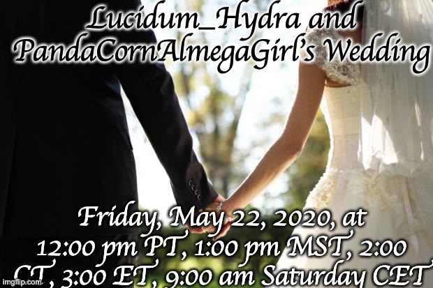 please do not comment on image until the day of the wedding. | Lucidum_Hydra and PandaCornAlmegaGirl's Wedding; Friday, May 22, 2020, at 12:00 pm PT, 1:00 pm MST, 2:00 CT, 3:00 ET, 9:00 am Saturday CET | image tagged in wedding | made w/ Imgflip meme maker